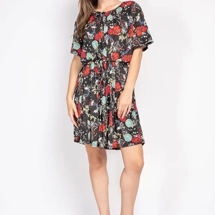 Vestido corto estampado con encaje