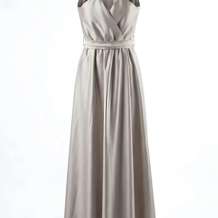 Vestido largo gris plata satinado