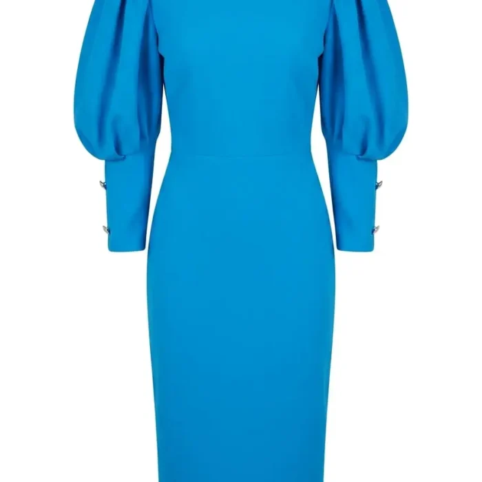 Vestido midi azul con mangas abullonadas