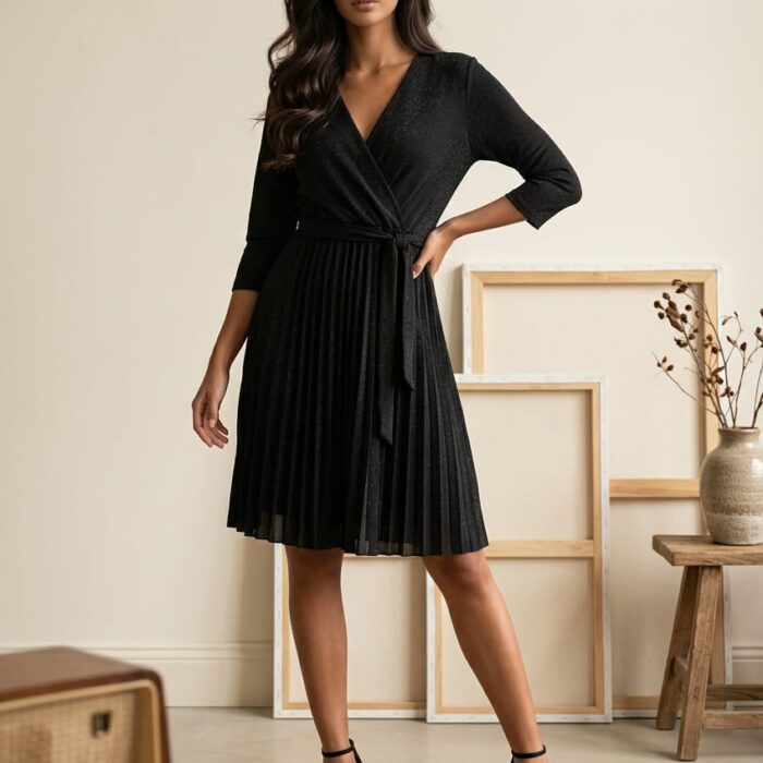 Vestido negro plisado de fiesta con escote cruzado y manga tres cuartos
