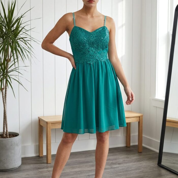 Vestido verde de fiesta con encaje, tirantes finos y falda amplia