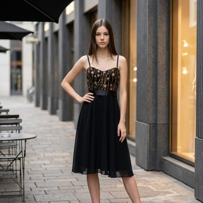 Vestido negro y dorado con tirantes finos y cuerpo bordado