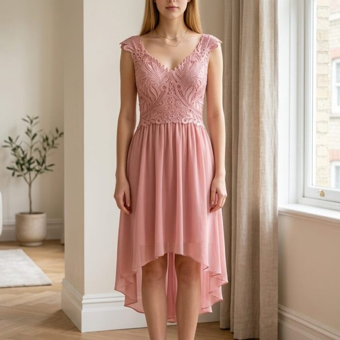 Vestido rosa asimétrico de fiesta con encaje y escote en V